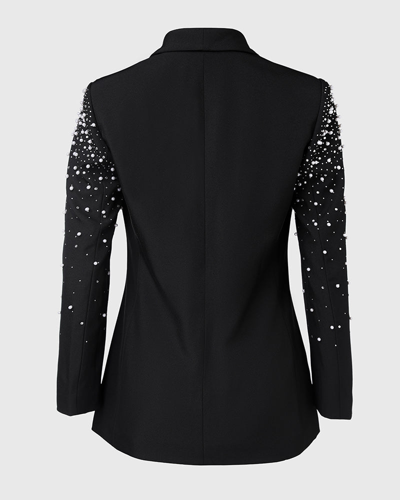 Rhinestone & Pearls Decor Shawl Collar Long Sleeve Blazer Coat