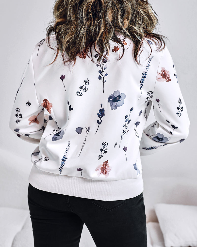 Plants Print Long Sleeve Casual Zipper Baseball Coat