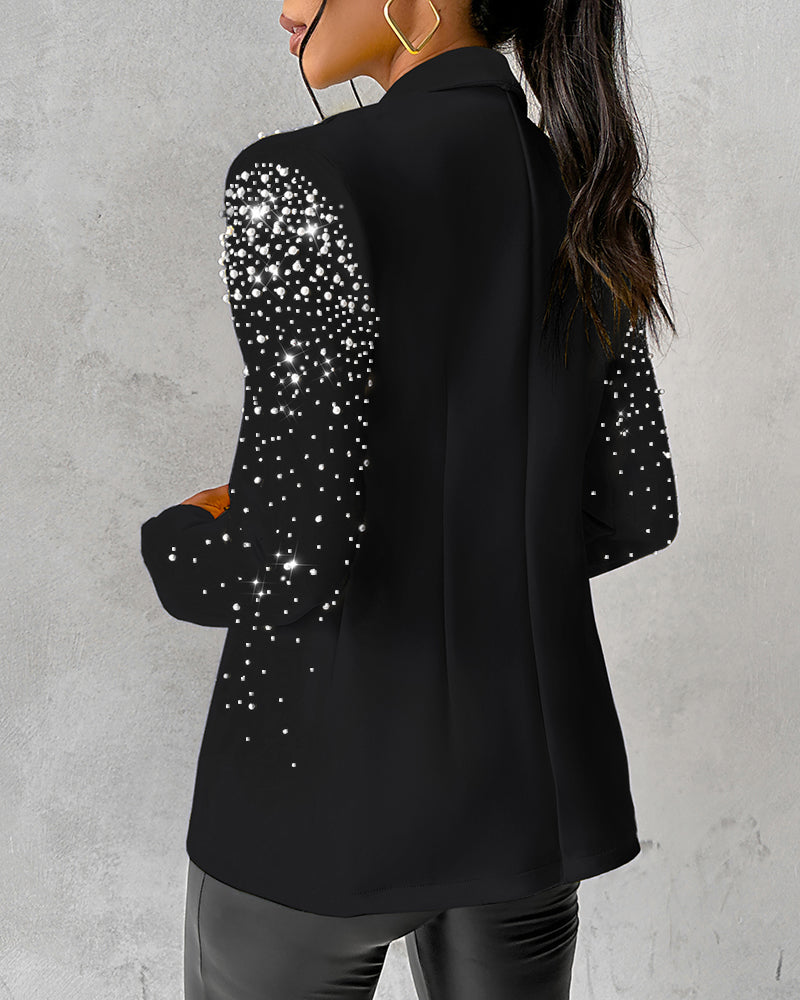 Rhinestone & Pearls Decor Shawl Collar Long Sleeve Blazer Coat