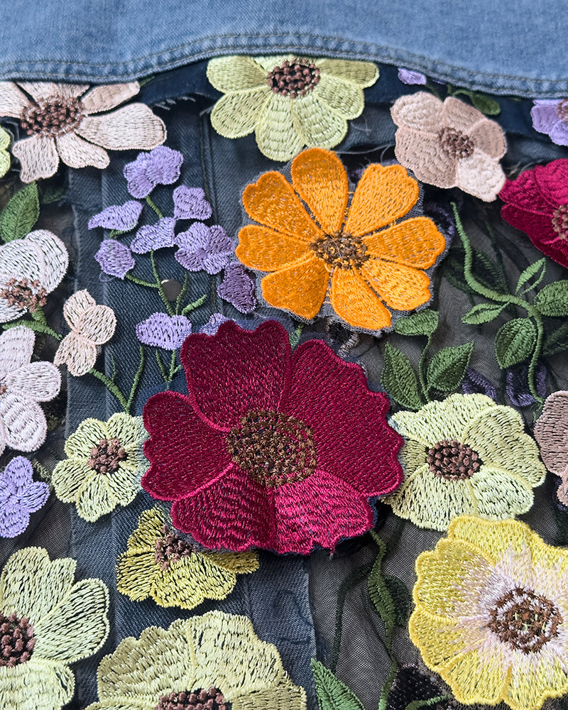 Colorblock 3D Flower Lace Embroidery Patch Denim Coat Casual Turn-down Collar Jacket