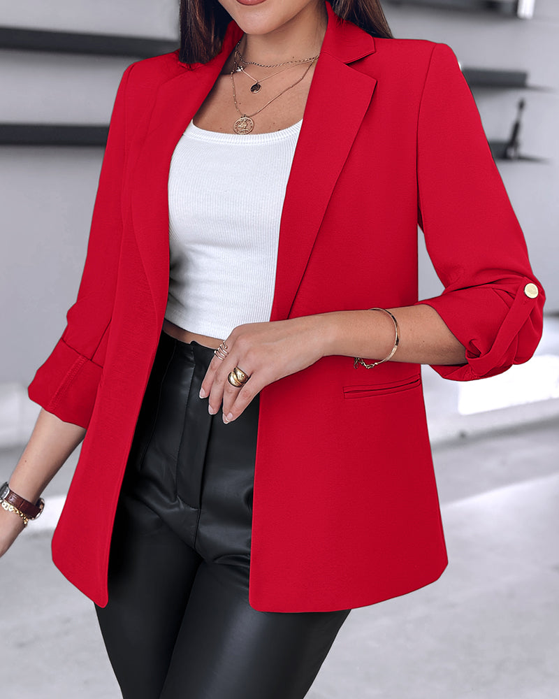 Notched Collar Roll Up Sleeve Blazer Coat