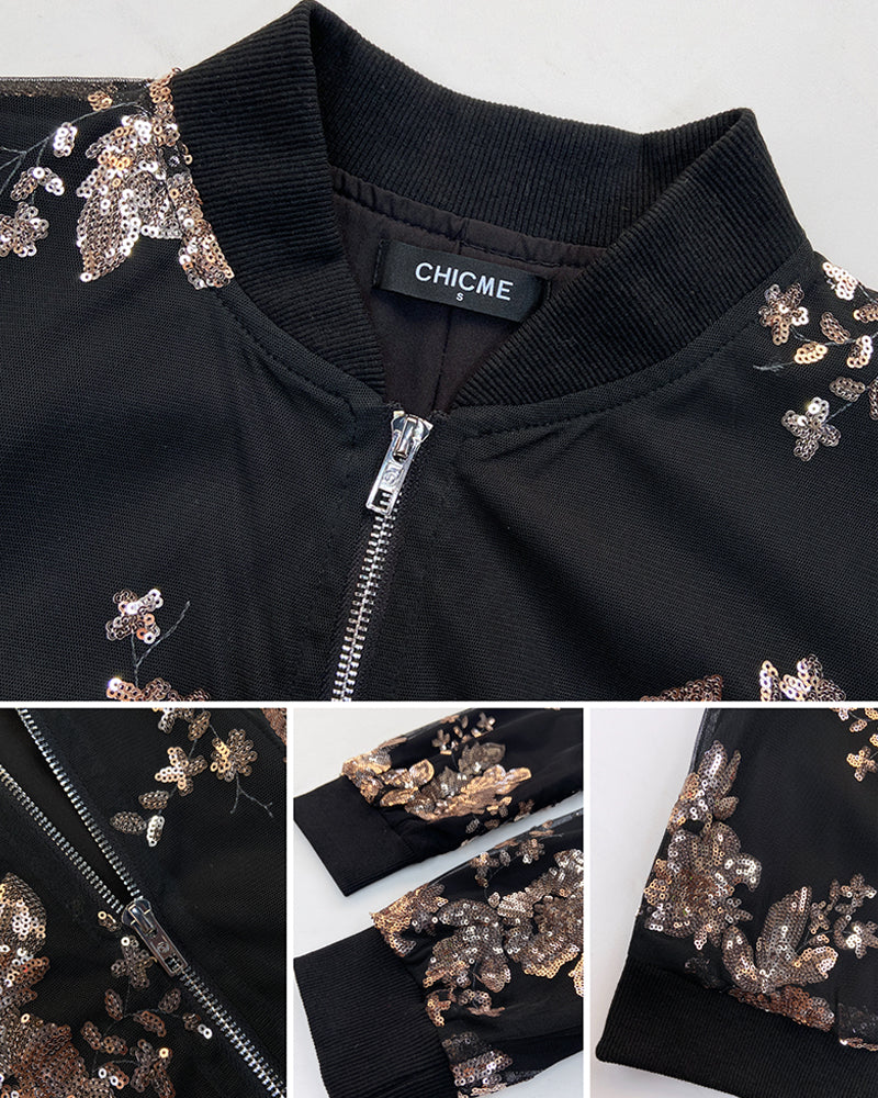 Floral Pattern Baseball Collar Long Sleeve Coat Contrast Sequin Zip Up Jacket