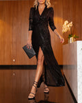 Allover Sequin Overlap Deep V-Neck Puff Sleeve High Slit Evening Dress Twist Front Cinched Waist Party Dress