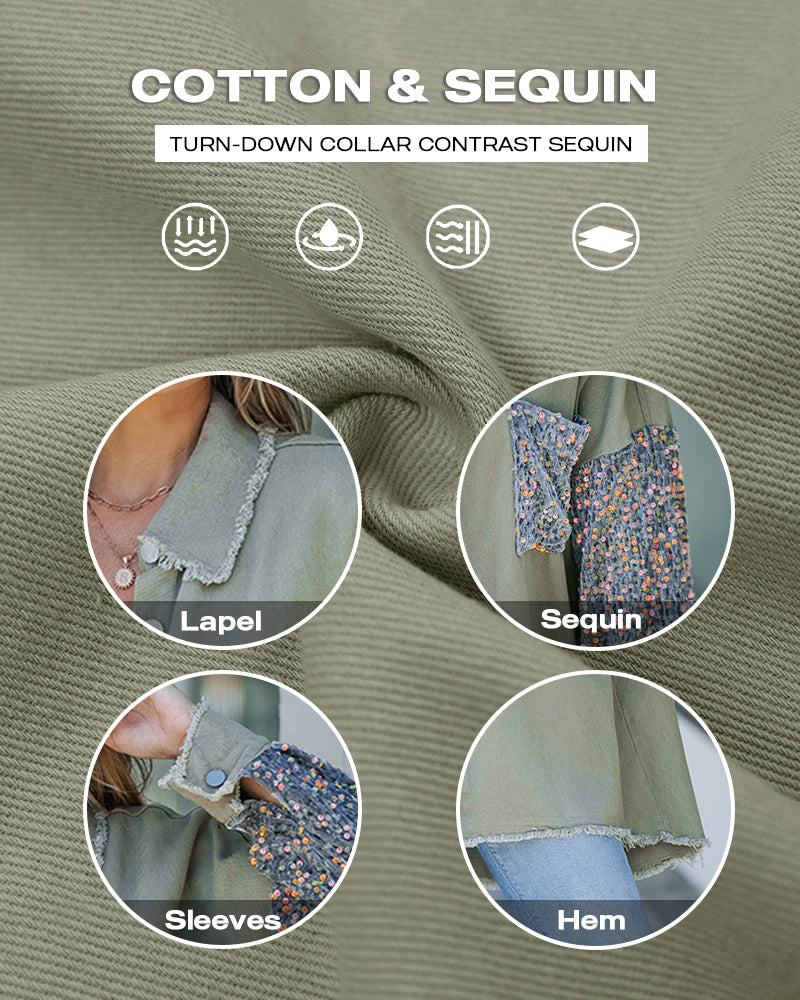 Casual Jacket Sequin Patchwork Long Sleeve Jacket Top Button Front Raw Hem Oversized Denim Shacket