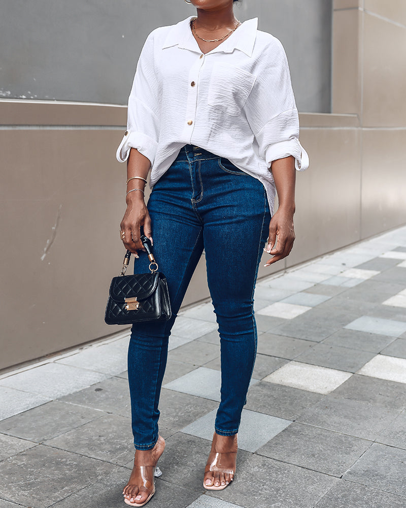 Metal Chain Decor Turn-down Collar Turn-Up Sleeves Front Button Shirt Casual Backless Asymmetrical Hem Top