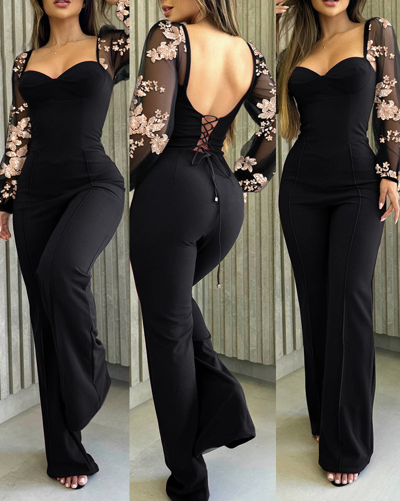 Sweetheart Neck Sequin Floral Mesh Sleeves Lace-up Back Jumpsuit Casual Backless Seam Front Flared Jumpsuit