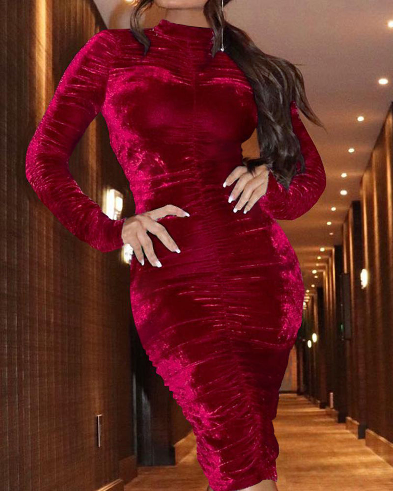Velvet Mock Neck Ruched Bodycon Dress