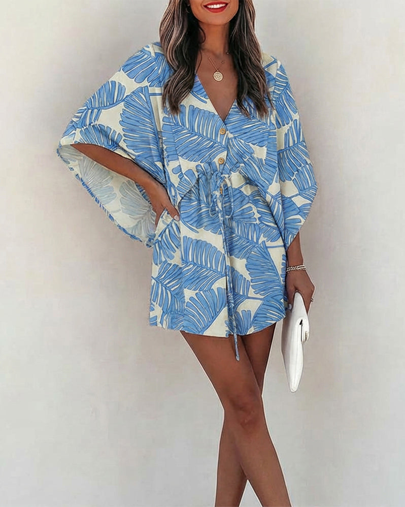 Tropical Plants Print V-Neck Bell Sleeve Button Front Mini Dress Casual Drawstring Waist Vacation Dress