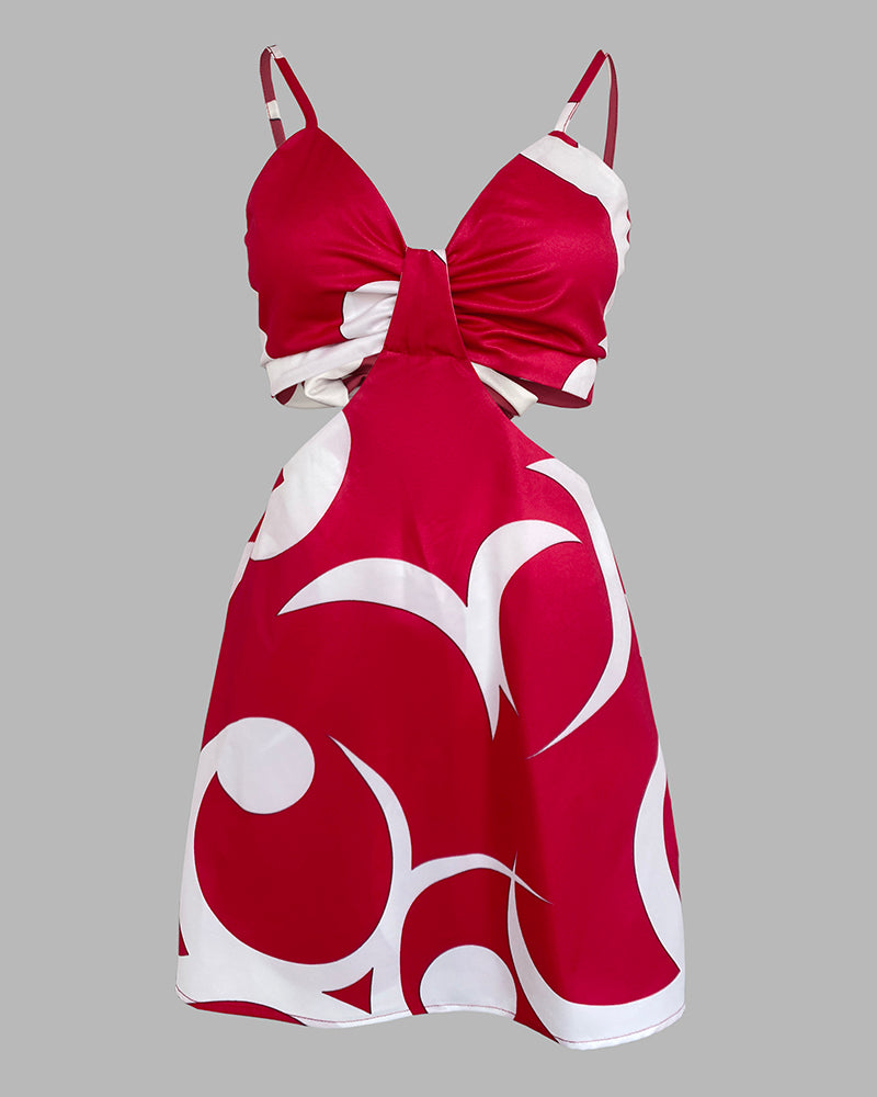 Floral Print Deep V-Neck Adjustable Spaghetti Straps Romper Casual Tied Back Cutout Slim Fit Skort Romper