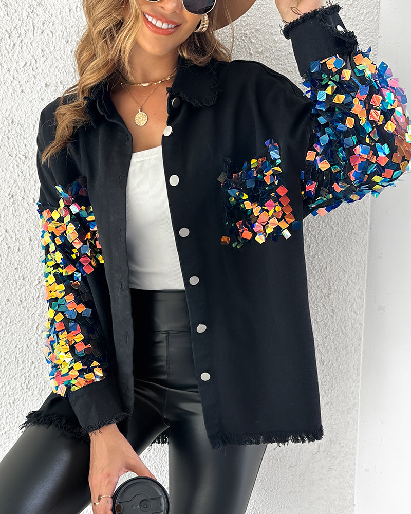 Contrast Sequin Long Sleeve Jacket Top Button Front Raw Hem Loose Fit Shacket