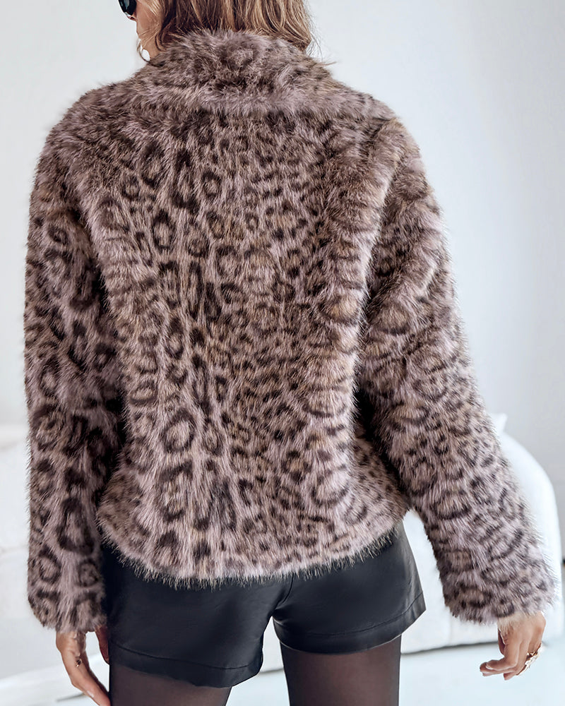 Turn-down Collar Long Sleeve Faux Fur Coat Jacket Casual Warm Fluffy Cropped Coat