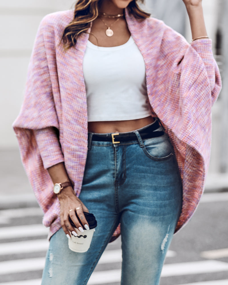 Colorful Waffle Knit Open Front Coat Batwing Long Sleeve Cardigan