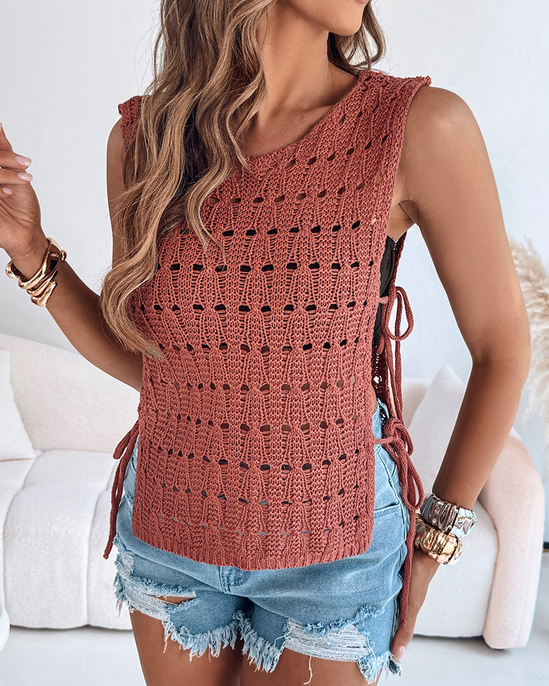 Round Neck Sleeveless Hollow-out Crochet Sweater Casual Tie Side Breathable Crop Top