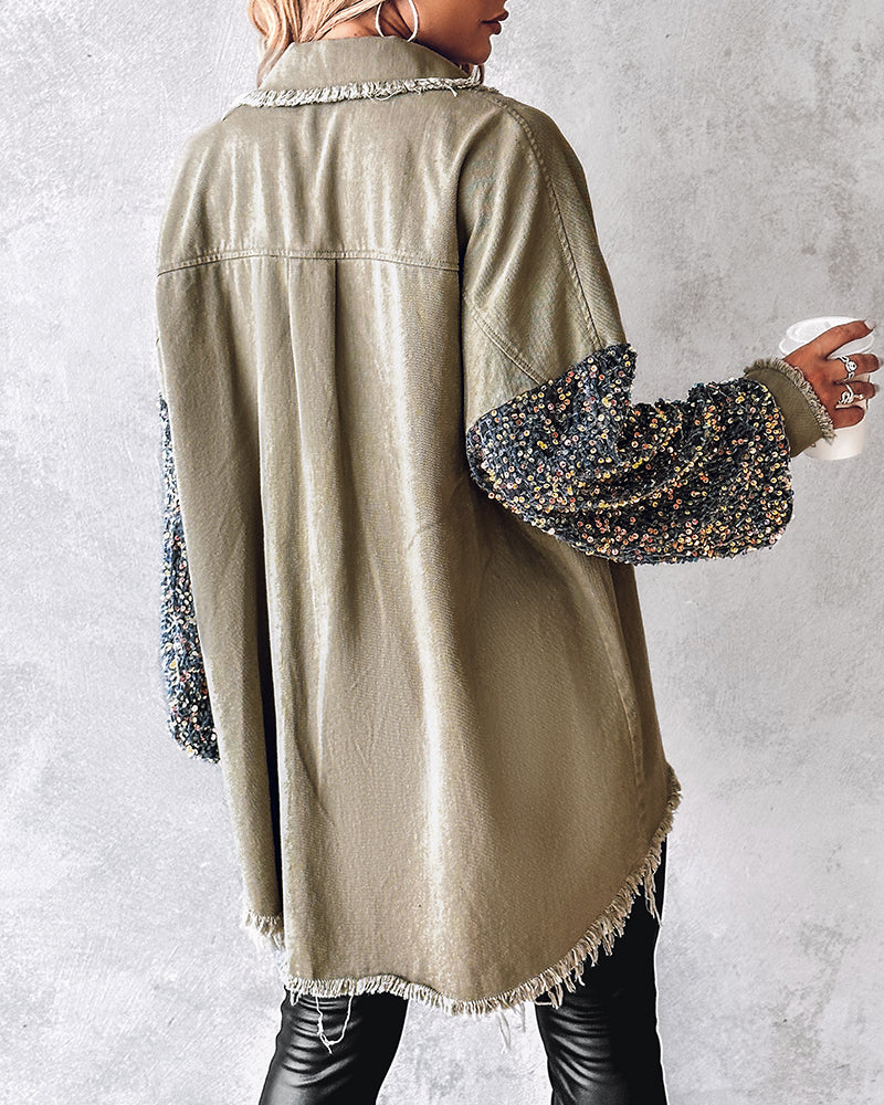 Casual Jacket Sequin Patchwork Long Sleeve Jacket Top Button Front Raw Hem Oversized Denim Shacket