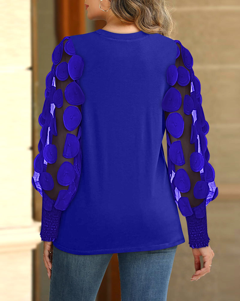 3D Polka Dot Appliques Mesh Long Sleeve Blouse Casual Shirred Cuffs Seam Front Top