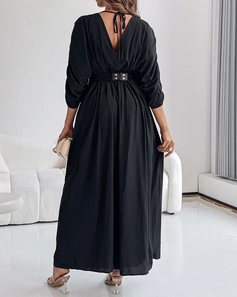 Deep V-Neck Ruched Three Quarters Sleeve Backless Overalls Casual Waist-Gathered Tied Detail Jumpsuit without Belt