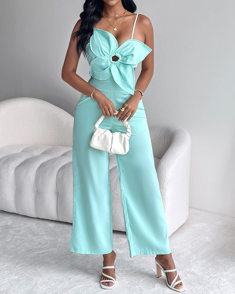 Floral Pattern Hollow Out Pocket Design Jumpsuit