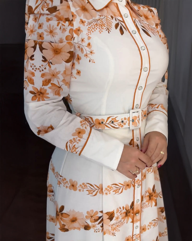 Floral Placement Print Turn-down Collar Puff Sleeve Vacation Dress Casual Button Down Shirt Dress With Belt and Lining