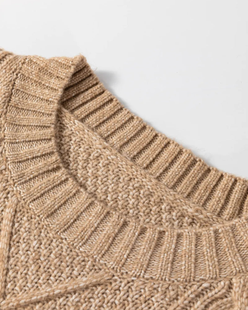 Round Neck Long Sleeve Drop Shoulder Pullover Sweater Casual Loose Fit Cable Knit Mid Length Sweater