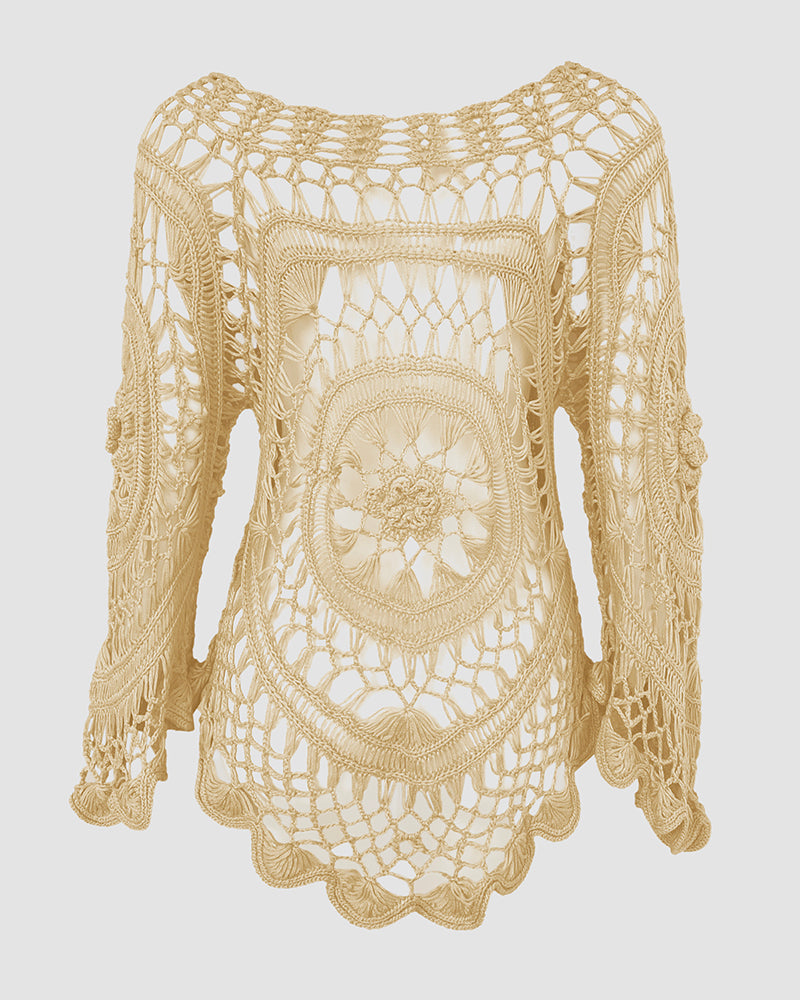 Boat Neck Batwing Sleeve Hollow-out Casual Top Asymmetrical Scallop Hem Crochet Pattern Cover Up