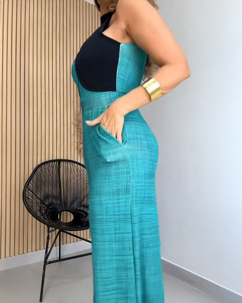 Colorblock Mock Neck Sleeveless Cinched Waist Zipper Back Overalls Casual High Waist Wide Leg Jumpsuit
