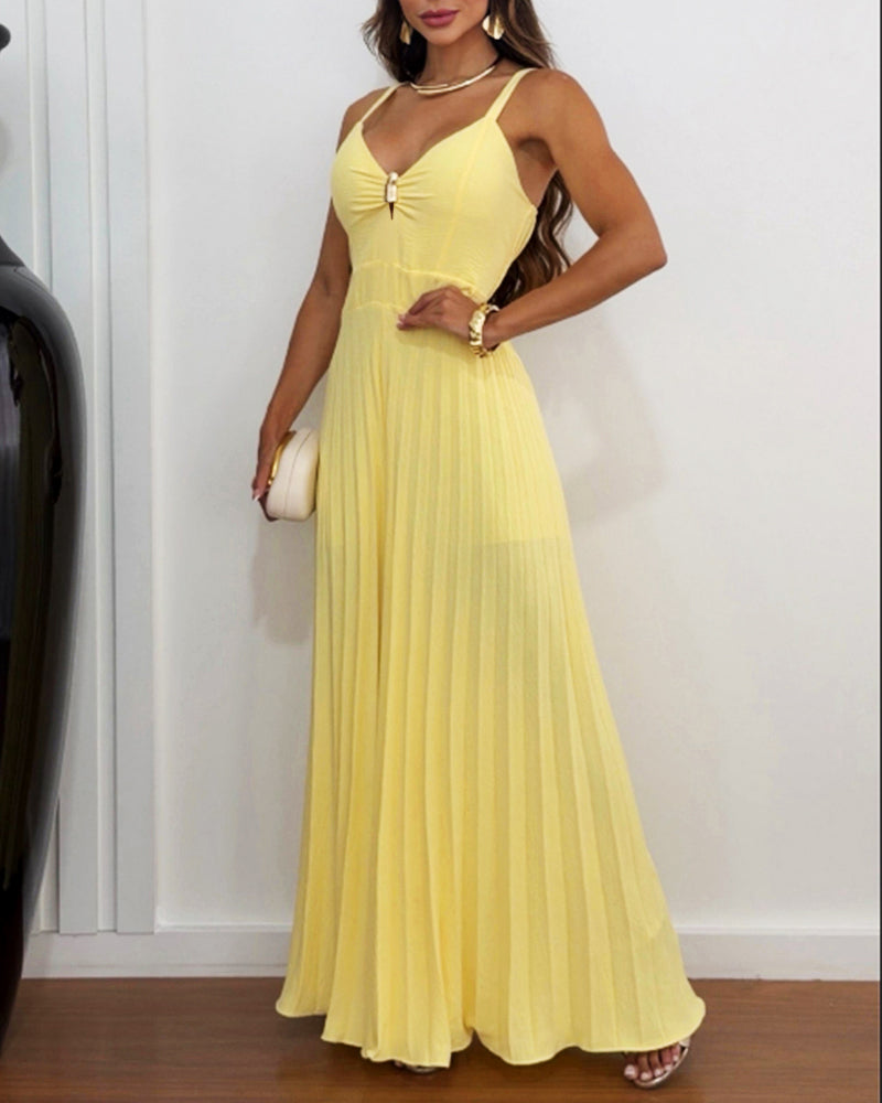 Metal Decor Deep V-Neck Adjustable Spaghetti Straps Hollow-out Front Overalls Casual Shirred Back Cinched Waist Pleated Wide Leg Jumpsuit