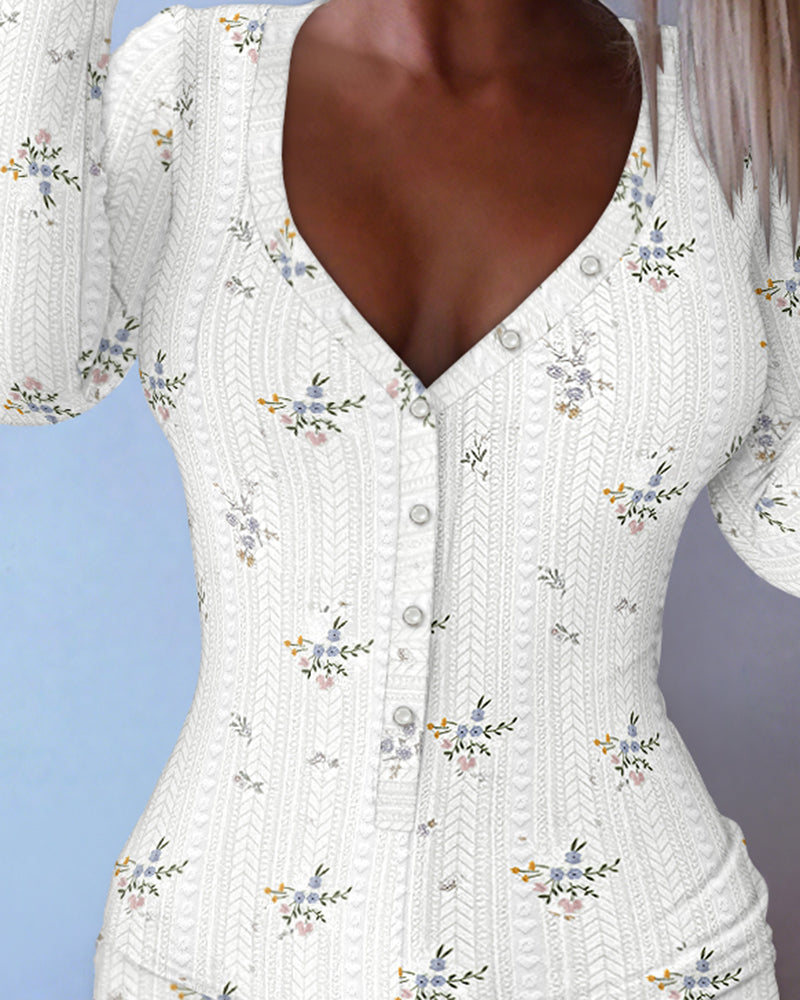 Ditsy Floral Print V-Neck Button Front Frill Trim Romper Slim Fit Jacquard Textured Onesie