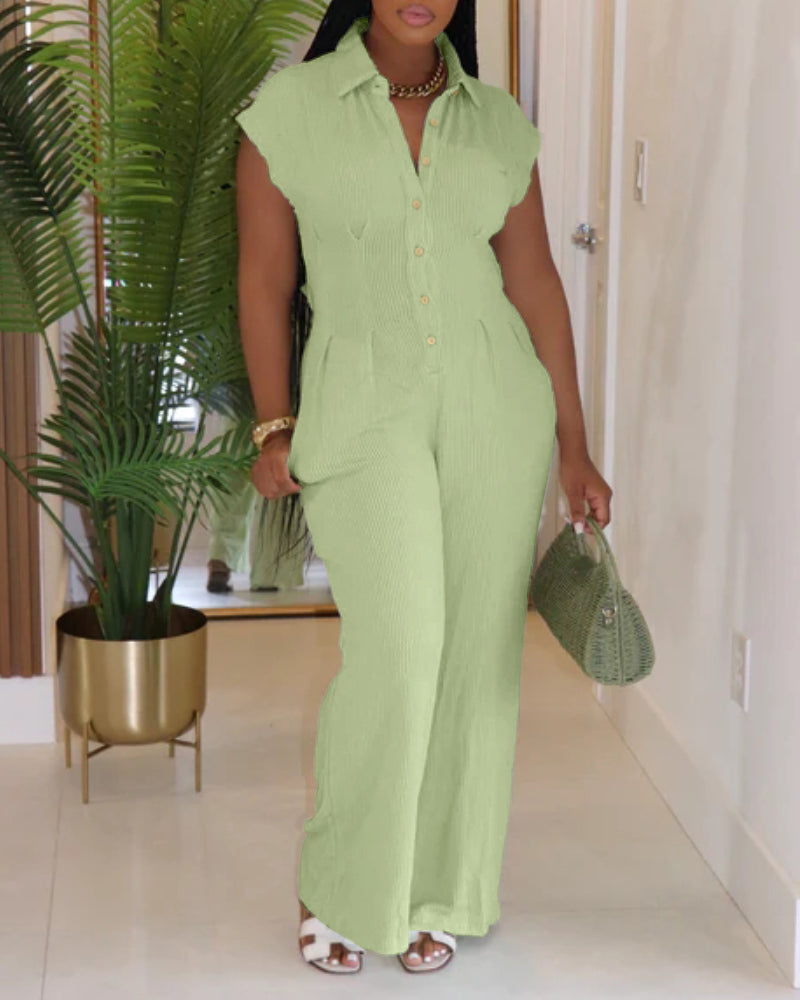 Turn-down Collar Cap Sleeve Button Front Pleated Ribbed Overalls Casual Open Back Wide Leg Elastic Back Waist Jumpsuit