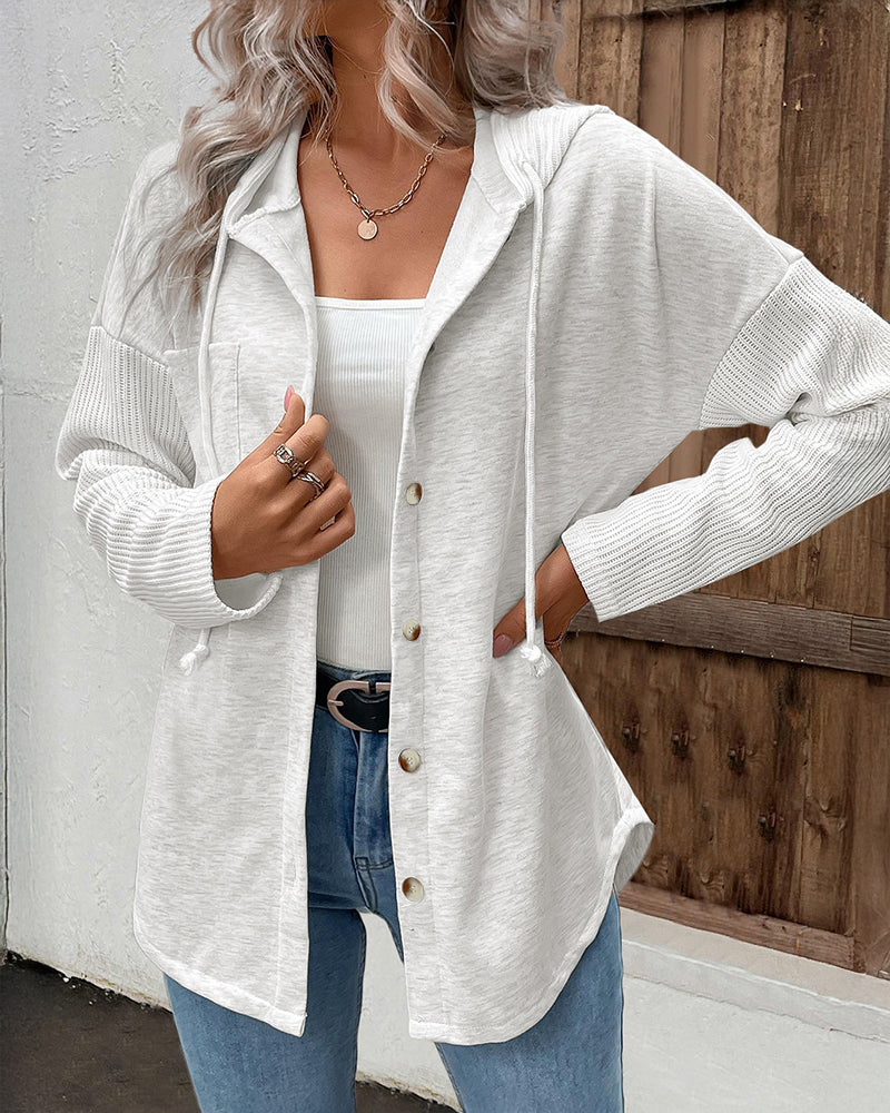 Long Sleeve Knit Ribbed Spliced Button Front Drawstring Hoodie Jacket Casual Drop Shoulder Pocket Design Asymmetrical Hem Coat