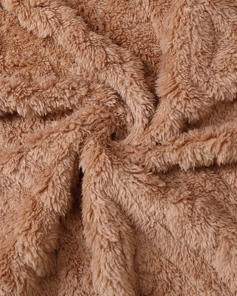 Cable Textured Lapel Neck Button Front Pocket Design Thermal Teddy Coat