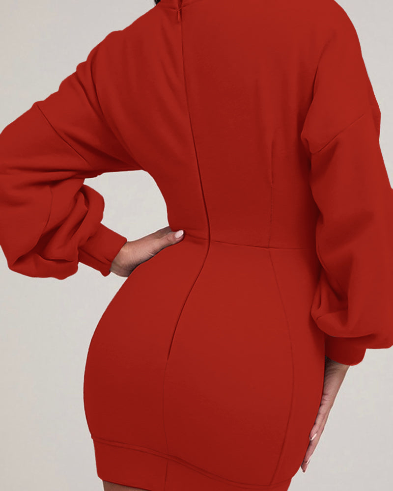 Lantern Sleeve Bodycon Pullover Sweatshirt Dress Crew Neck Mini Dress