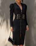 Deep V Neck Puff Sleeve Waist Multi Metal Buckle Decor Slit Dress Casual Zipper Front Commuting Dress