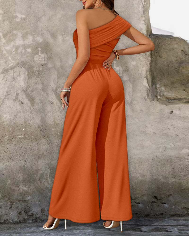 Cold Shoulder Ruched Buckle Wide Leg Jumpsuit
