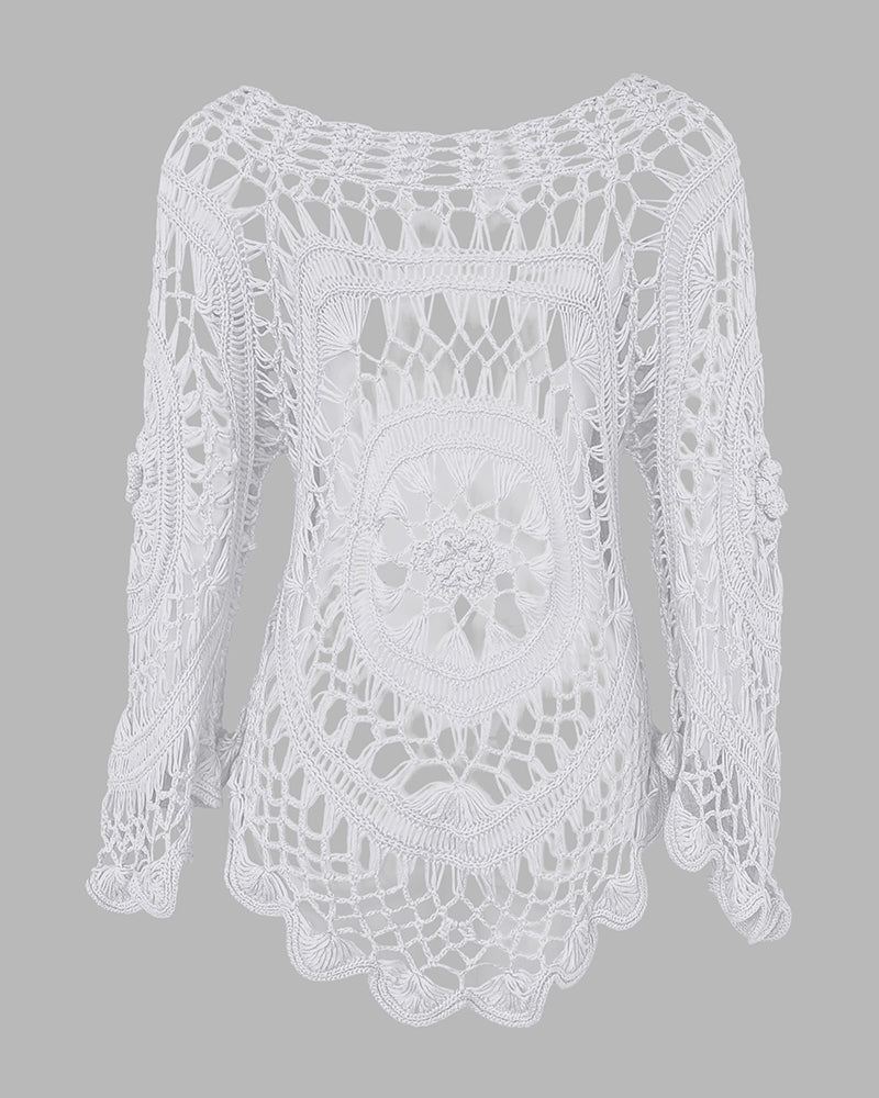 Boat Neck Batwing Sleeve Hollow-out Casual Top Asymmetrical Scallop Hem Crochet Pattern Cover Up