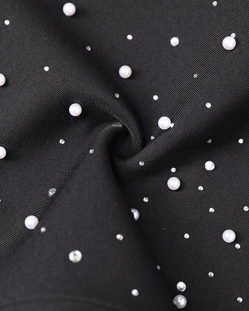 Rhinestone & Pearls Decor Shawl Collar Long Sleeve Blazer Coat