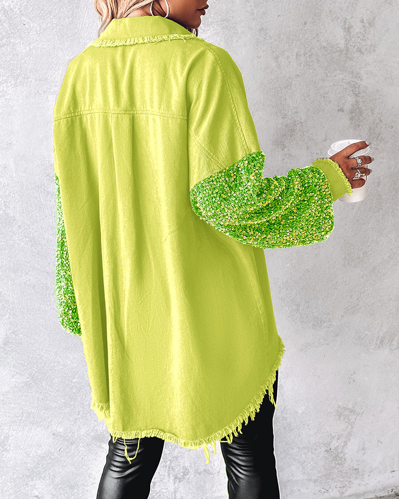 Casual Jacket Sequin Patchwork Long Sleeve Jacket Top Button Front Raw Hem Oversized Denim Shacket