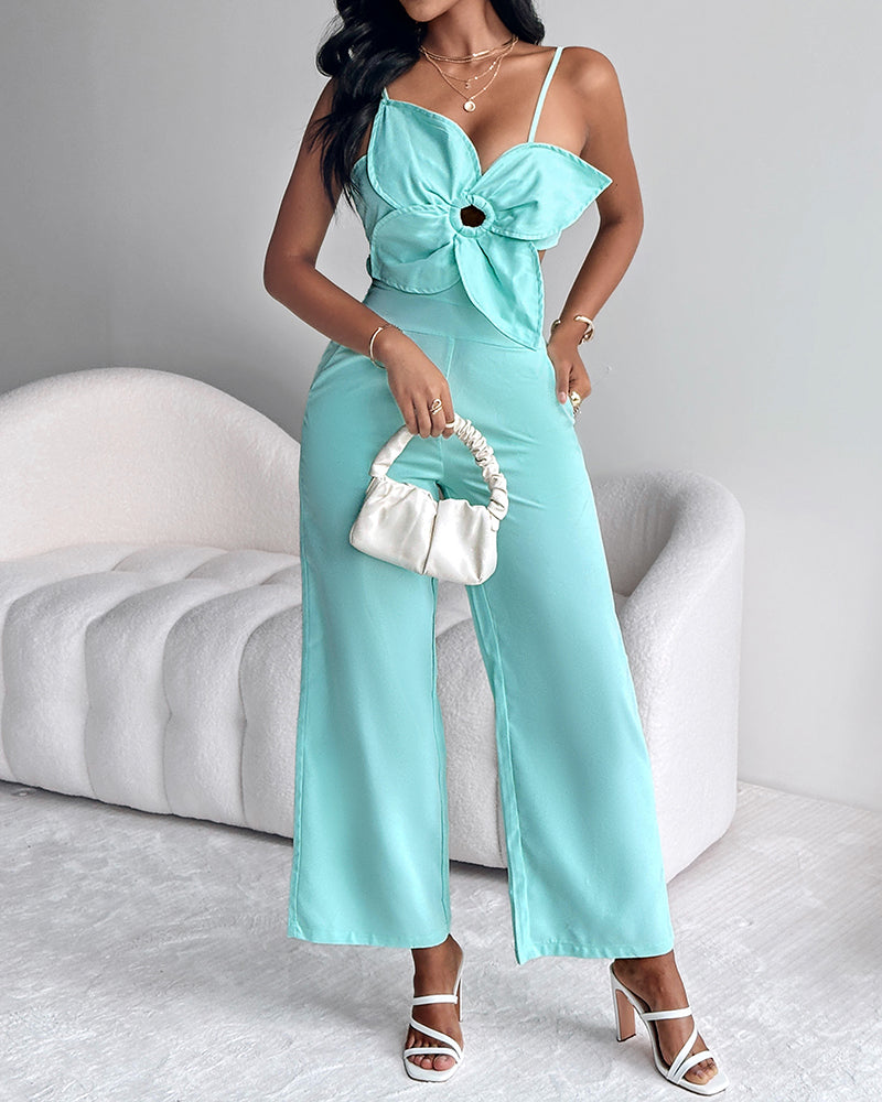 Floral Pattern Hollow Out Pocket Design Jumpsuit