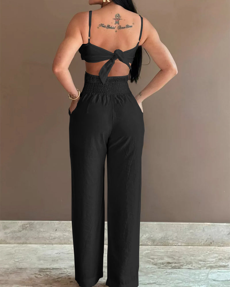 Floral Pattern Hollow Out Pocket Design Jumpsuit