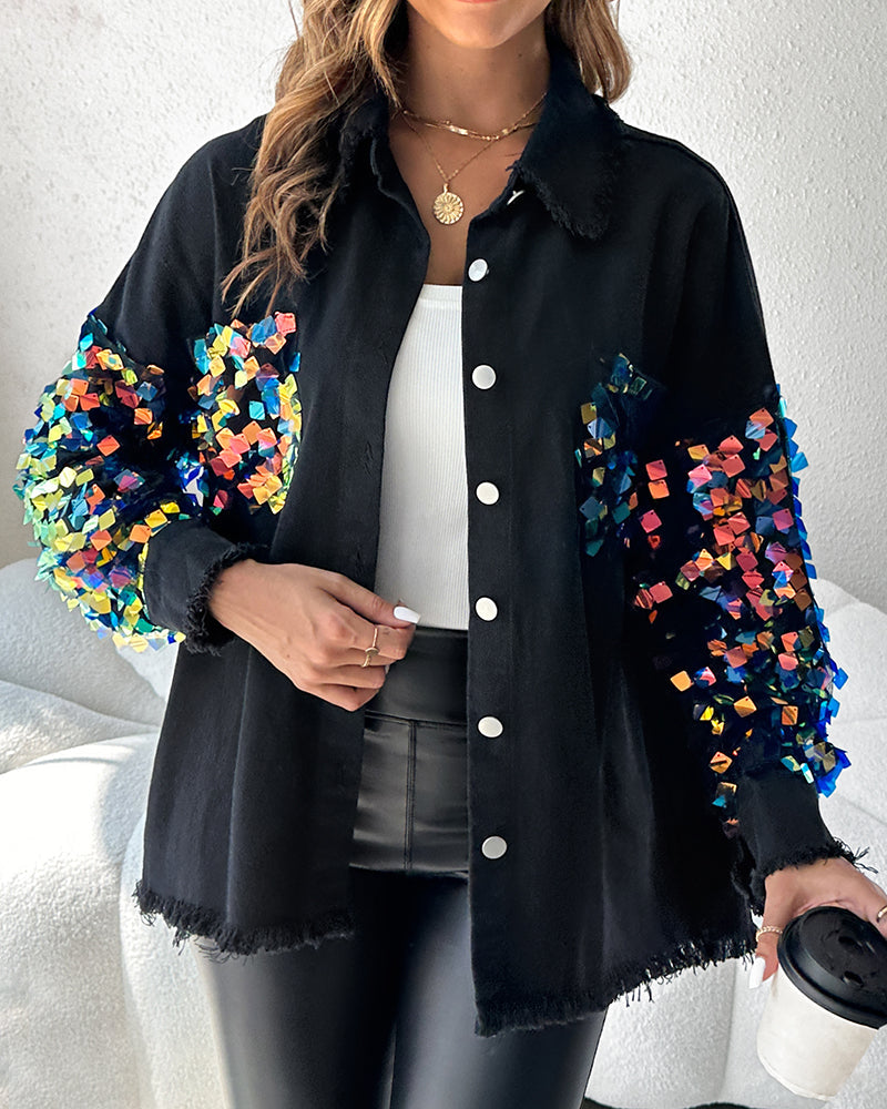 Contrast Sequin Long Sleeve Jacket Top Button Front Raw Hem Loose Fit Shacket