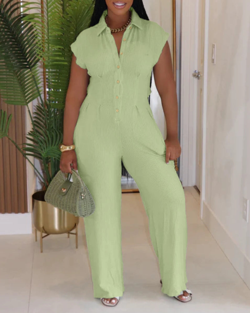 Turn-down Collar Cap Sleeve Button Front Pleated Ribbed Overalls Casual Open Back Wide Leg Elastic Back Waist Jumpsuit
