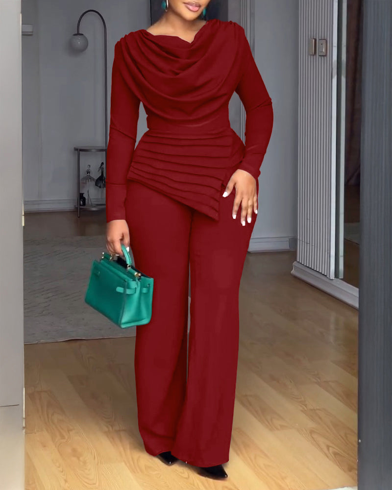 Cowl Neck Asymmetrical Textured Patchwork Cinched Waist Jumpsuit Casual Zipper Back Wide Leg Jumpsuit