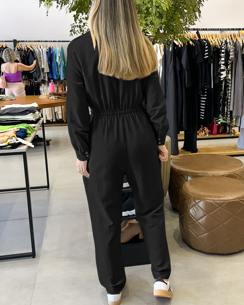 Turn-down Collar Overlap V-Neck Drawstring Stretchy Waist Jumpsuit Casual Flap Pockets Design Jumpsuit