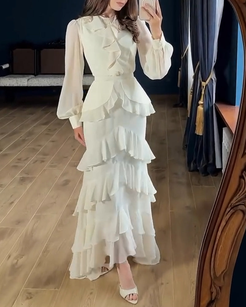 French Style Rhinestone Decor Ruffles Round Neck Lantern Sleeve Asymmetrical Hem Dress Zipper Back Layered Ruffle Hem Chiffon Evening Dress with Belt