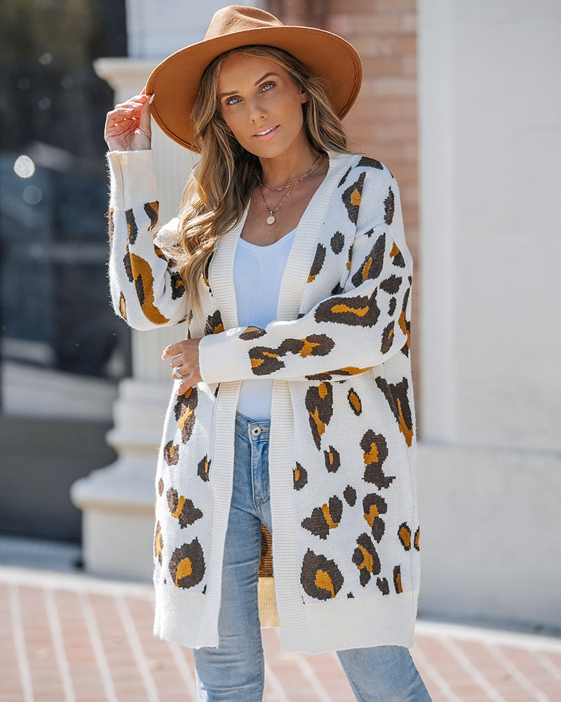 Leopard Pattern Longline Knit Cardigan Open Front Sweater