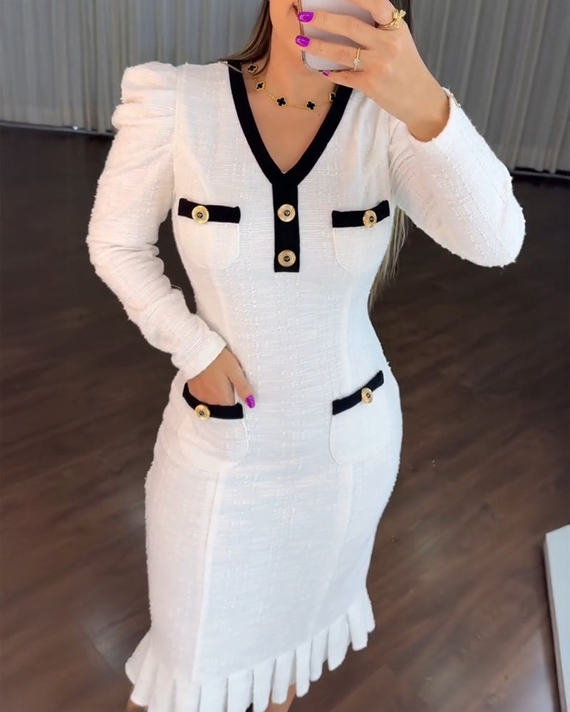 Button Decor Contrast Paneled V-Neck Puff Sleeve Zipper Back Commuting Dress Pockets Design Pleated Hem Tweed Dress
