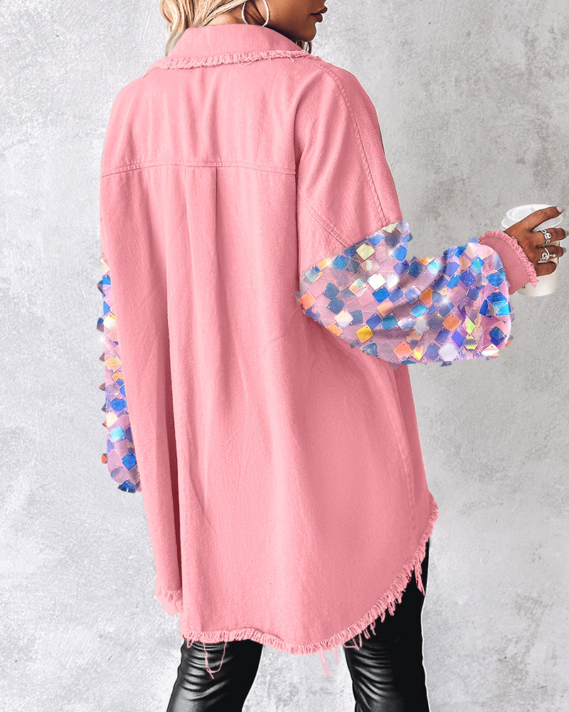 Contrast Sequin Long Sleeve Jacket Top Button Front Raw Hem Loose Fit Shacket