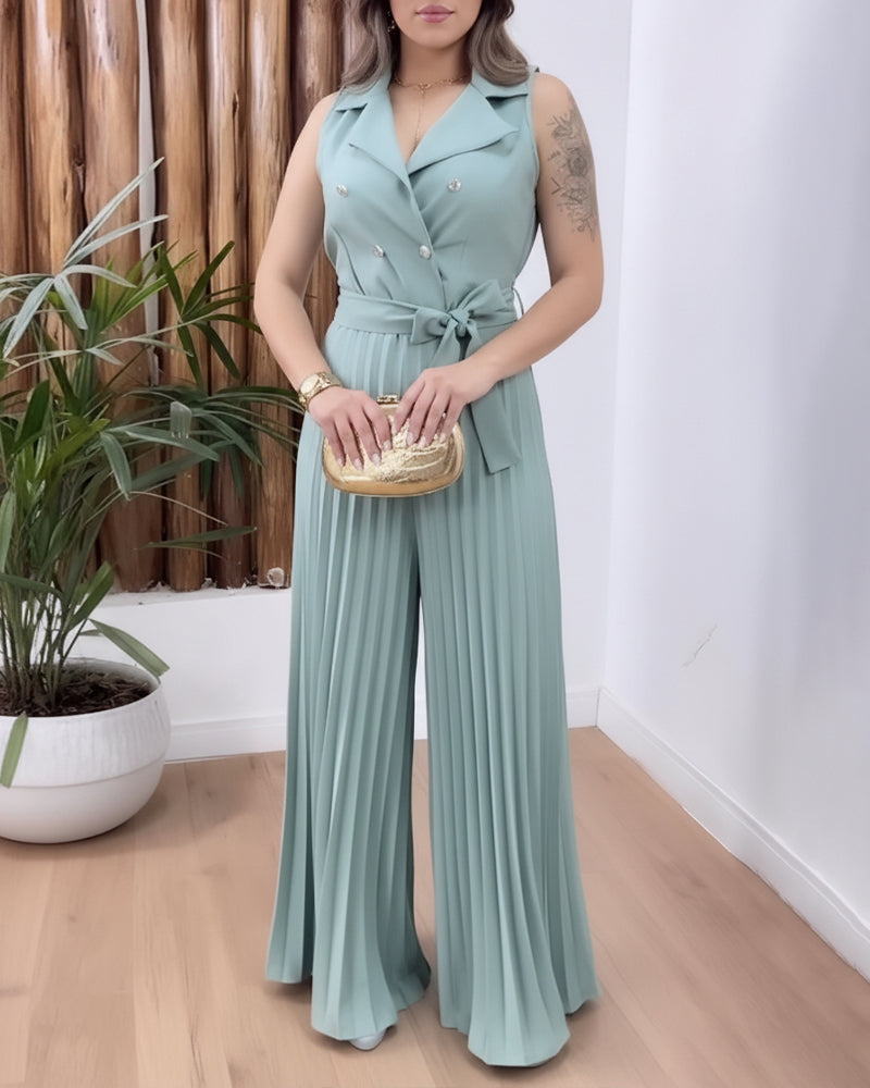 Sleek Sleeveless Notched Collar Waist Tied Detail Jumpsuit Casual Wide Leg Pleated Romper