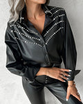 Buttoned Rhinestone PU Leather Top