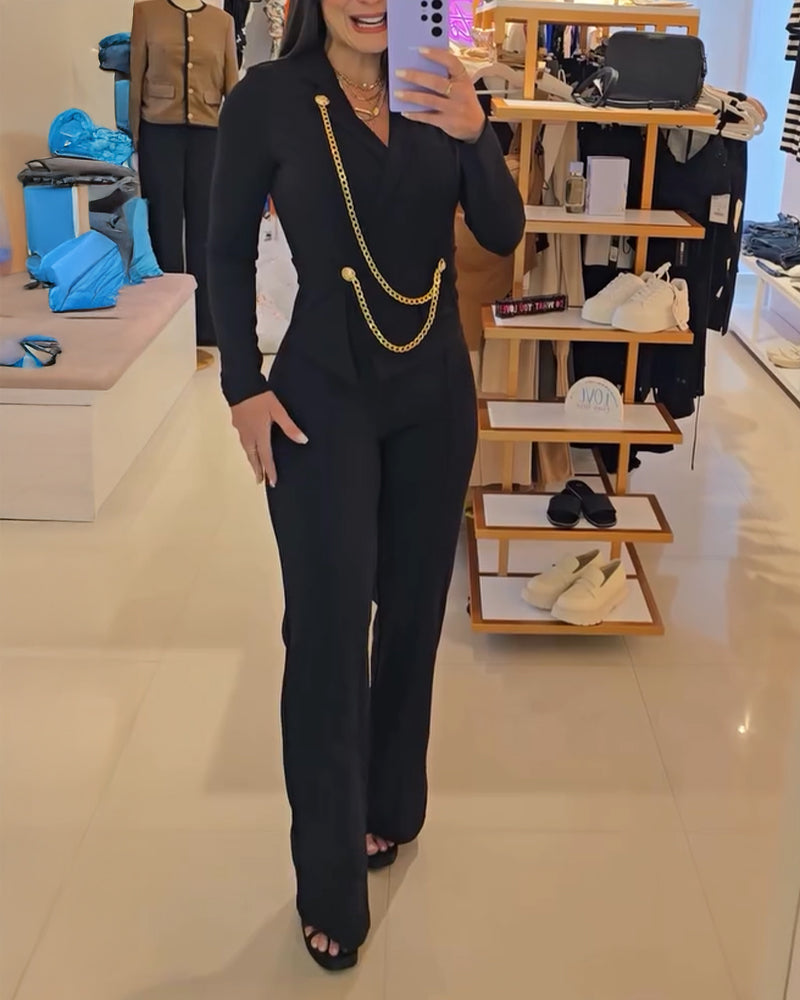 Chain & Button Decor Notched Collar Overlap V-Neck Slit Spliced Overalls Casual High Waist Seam Front Zipper Back Jumpsuit