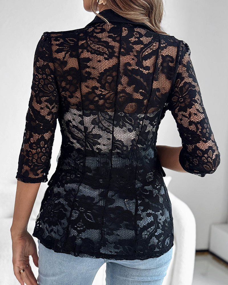 Lapel Neck Lace Patch Single Button Flap Detail Sheer Blazer Coat